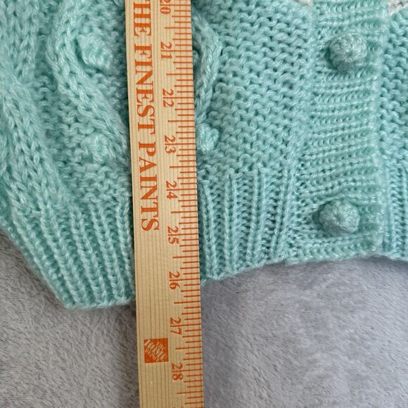 Vtg Hand Knit Cardigan Sweater Womens Medium Pastel Aqua Chunky Grandma 90s 80s - Picture 7 of 11